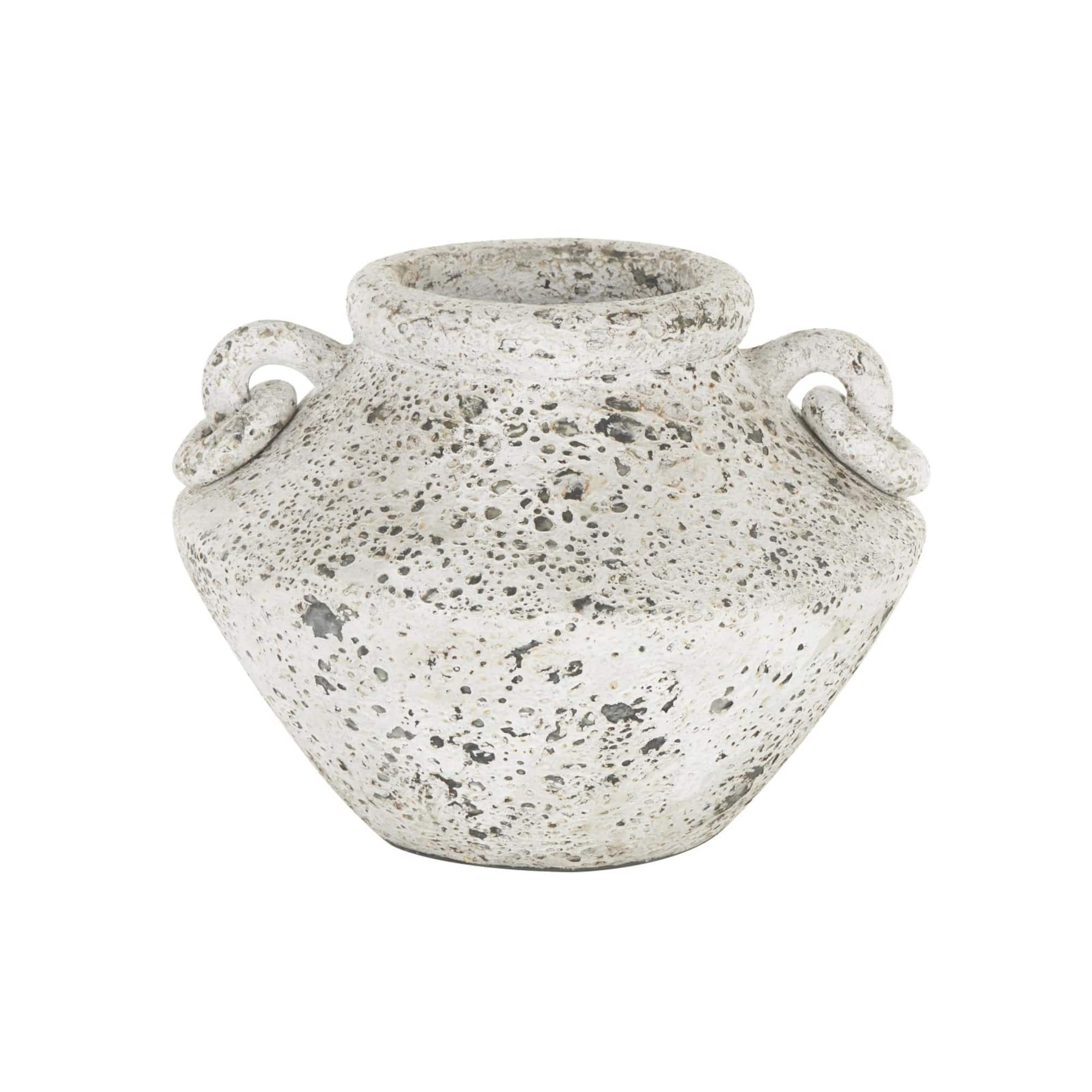 14" White Antique-Style Textured Ceramic Vase with Ring Handles